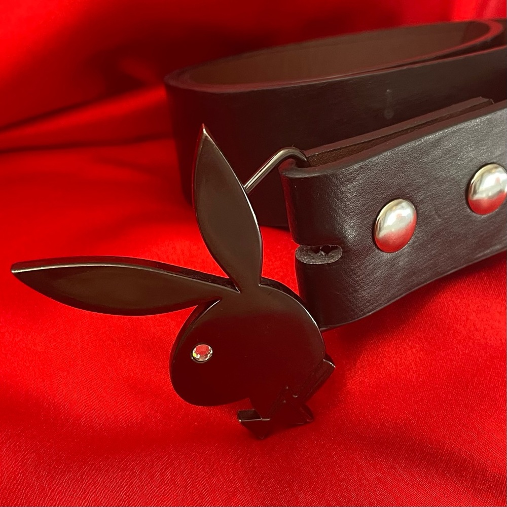 Vintage Y2K Polished Black Playboy Bunny Belt Buckle and Belt